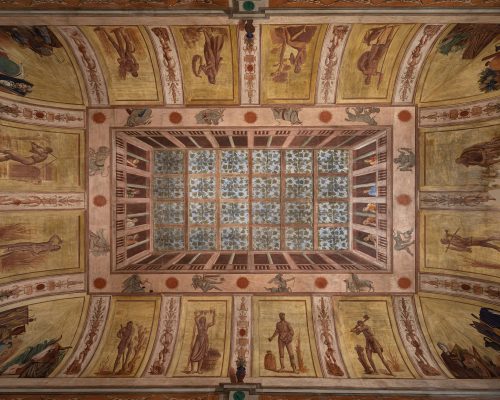 Soffitto con Pergolato e balaustra con figure; Zodiaco; Mesi; Nature morte
